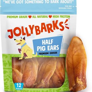 JollyBarks  - Orejas de cerdo para perros de 6 pulgadas, de un solo ingrediente natural de primera calidad, alimentado con hierba, sin OMG, de 6 pulgadas para cachorros, masticables para perros (paquete de 12)