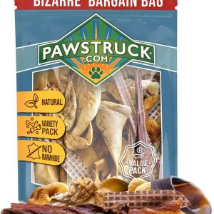 PAWSTRUCK - Bizarre Bargain Bag, surtido de golosinas naturales para perros, masticables de larga duración para todas las razas, orejas de animales, huesos y cecinas para cachorros y perros mayores, alternativa de cuero crudo para masticadores agresivos